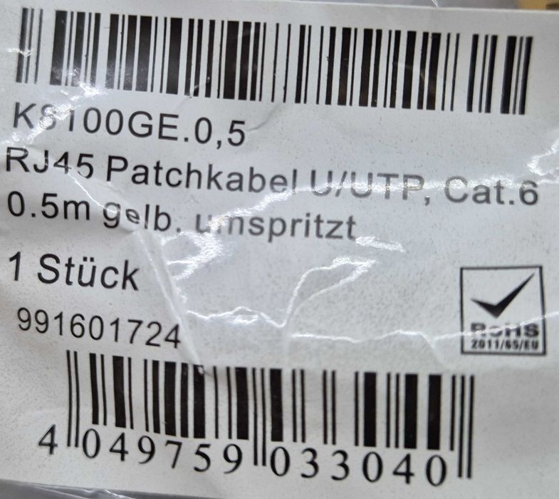 Cabo Ethernet cat.6 0,5 metros EFB-Elektronik amarelo NOVO