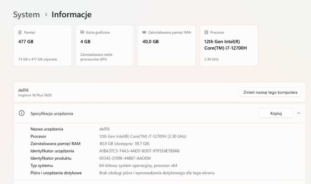 Dell Inspiron 16 Plus 7620, i7-12700H, RTX 3050Ti, 40GB DDR5, 16” 3K