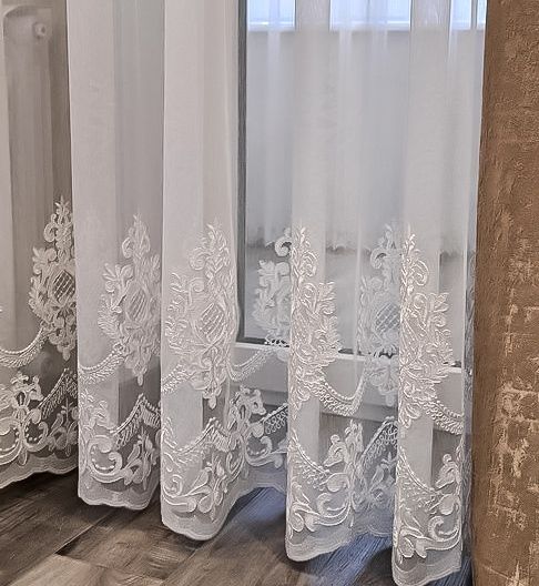 Тюль бамбук з вишивкою по низу, гардины фіранки грек сітка, льон штори