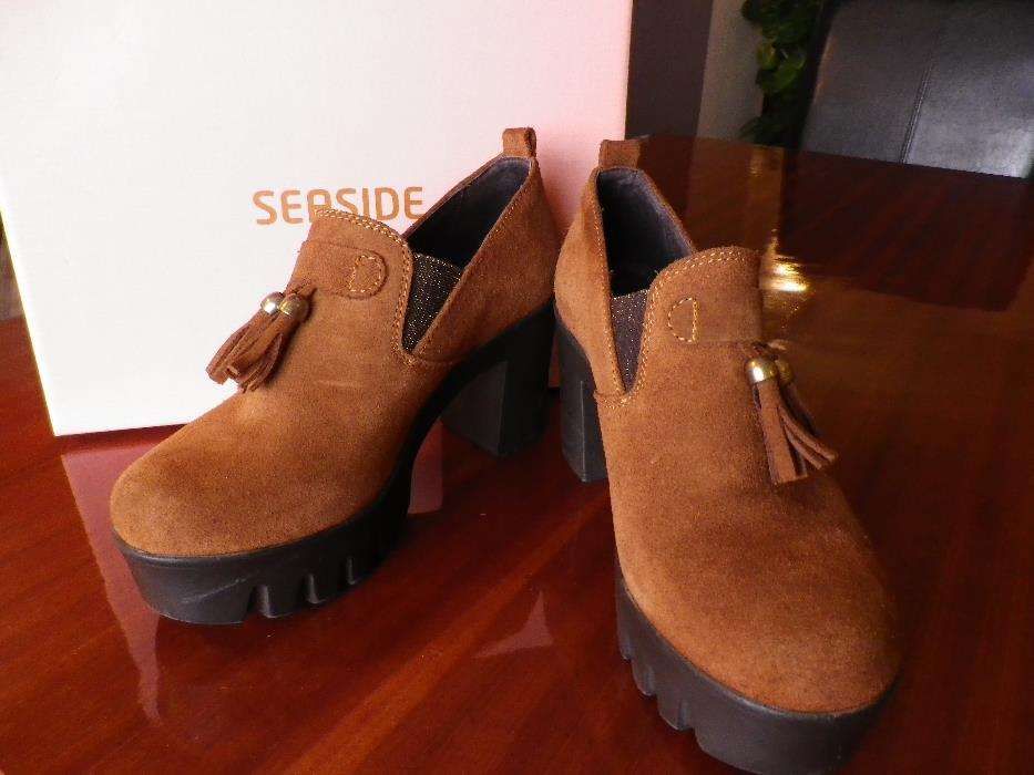 Sapatos Camel Pele Tacão Compensados 38 Como Novos