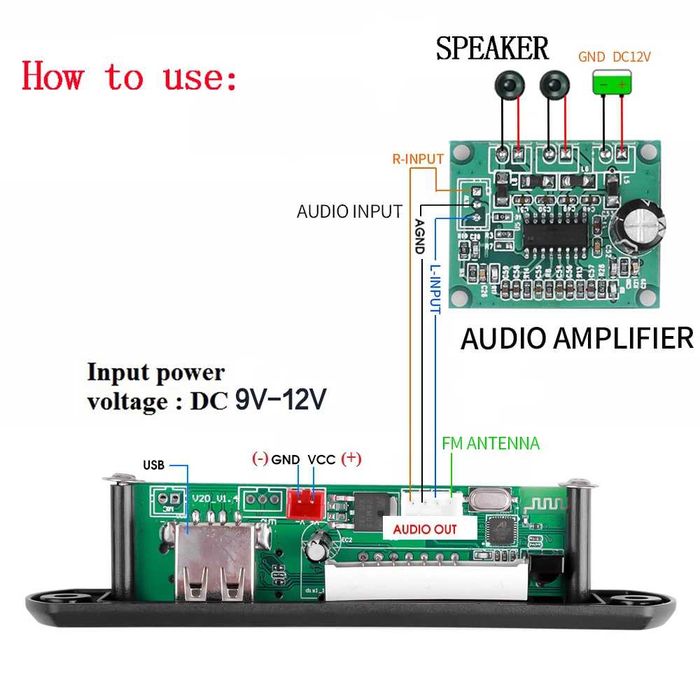 Bluetooth 5.0 DC 9V-12V MP3, WMA  FLAC декодер, плата, USB TF FM,