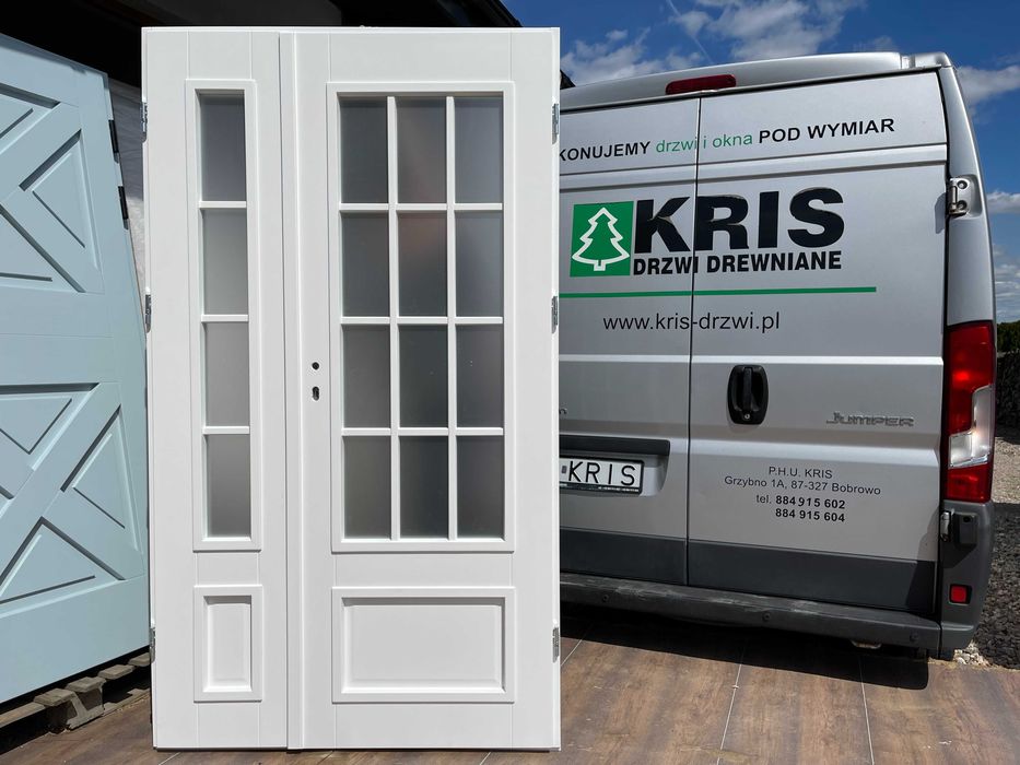 Drzwi drewniane dwuskrzydłowe BIAŁE francuskie dwuskrzydłowe SZPROS