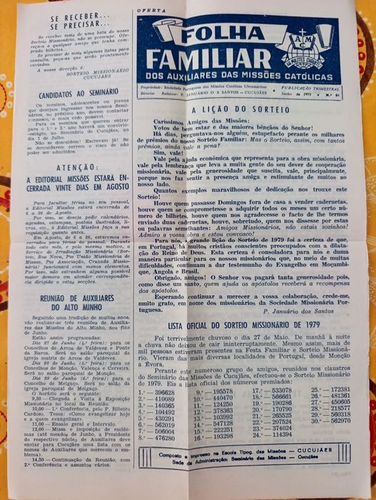 Boletim Antigo Folha Familiar Junho 1979 - Seminário de Cucujães