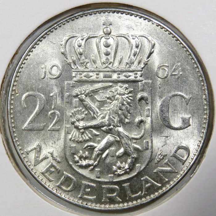 HOLANDA - Moeda em Prata. 2 1/2 GULDEN – Rainha WILHELMINA / 1964 SOBERBA