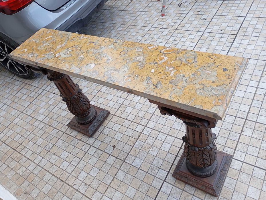 Aparador Antigo Consola Colunas Talhadas a Mão Pedra Rara do Mar Egeu