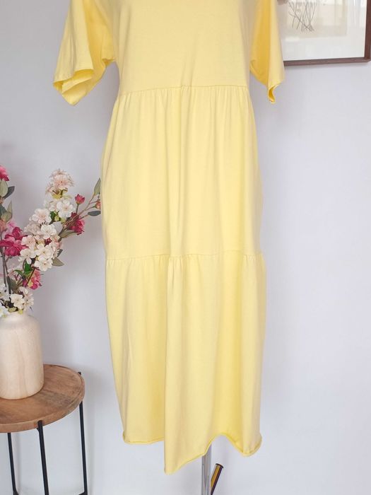 Żółta masłekowa sukienka bawełniana midi plus size 46 48 50 boho maternity kieszenie