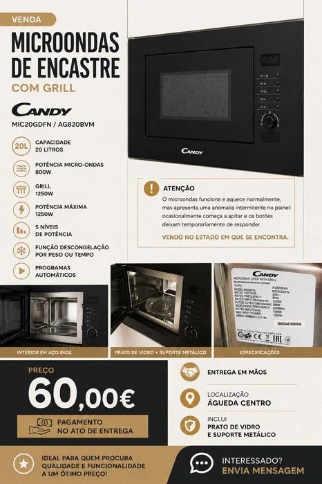 Micro-ondas Candy de Encastre com Grill – 20L