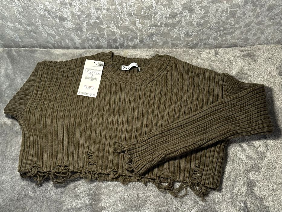 жіноча кофта ZARA з бахромою | Оливково-хафі | В’язана деталь