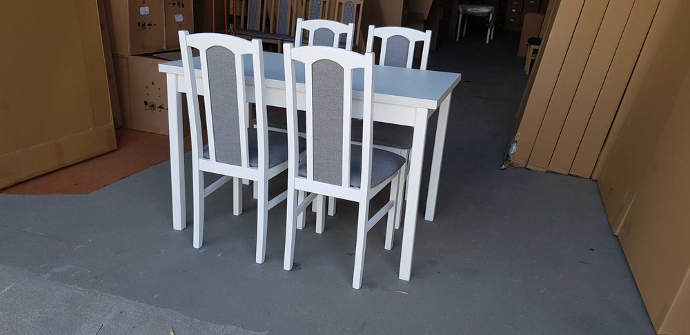 NOWE : STÓŁ + 4 KRZESŁA , BIAŁY + SZARY , transport cała Polska