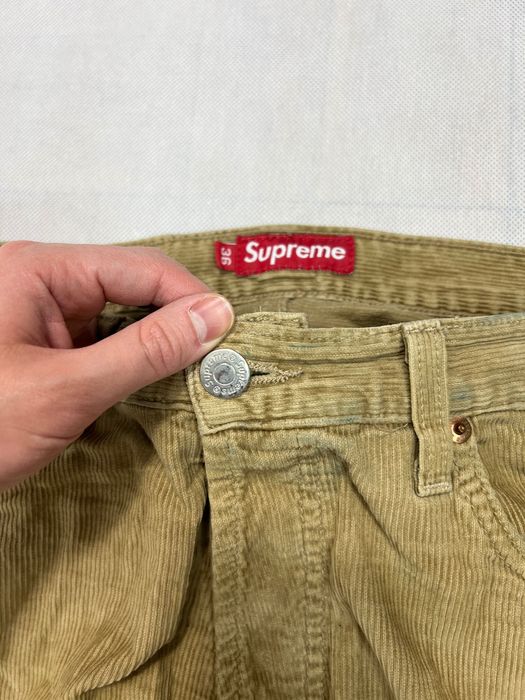Supreme logo corduroy pants brown cream spodnie