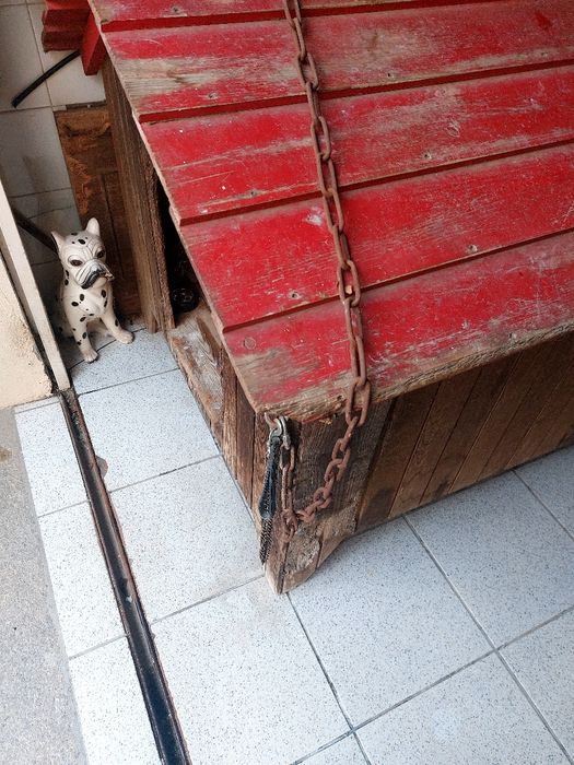 Casota para cão grande com corrente.
