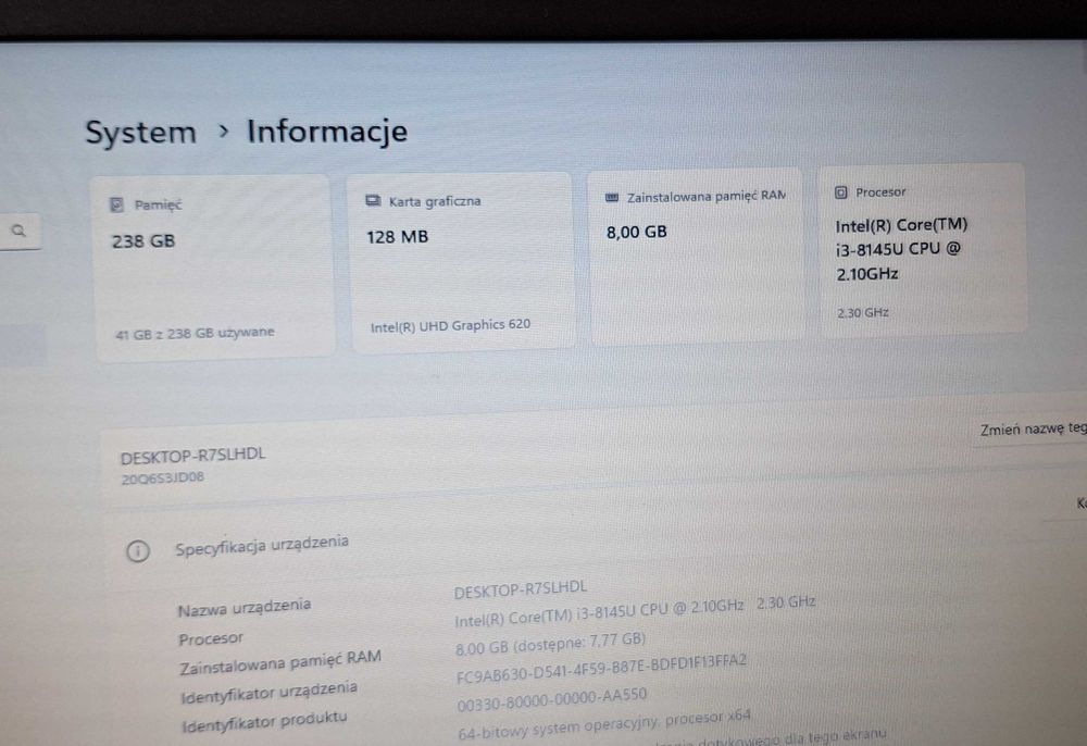 Laptop Lenovo ThinkPad L490 I3-8145U/ 8GB RAM/256 GB SSD/WIN11
