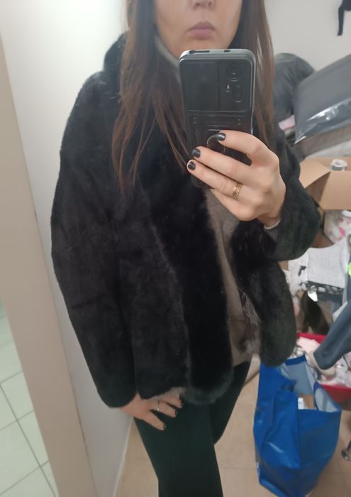 Płaszcz kardigan alpaka czarna futro nowe