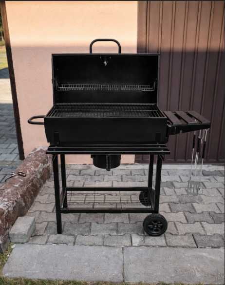 Grill Węglowy Ogrodowy Kaminer Duży Z Pokrywą Termometr Ruszt 68x35 Półki Popielnik Koła Pokrowiec Akcesoria Bbq Taras Ogród Działka