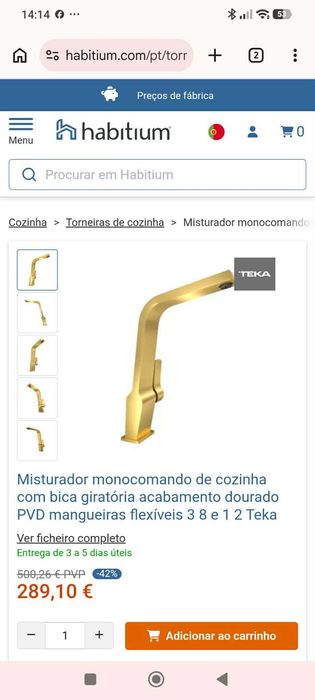 Torneira de Cozinha Teka Monocomando Dourada PVD