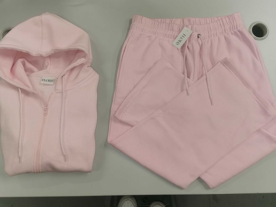Włoski damski dres ciepły bluza z kapturem spodnie szeroka nogawka różowy L