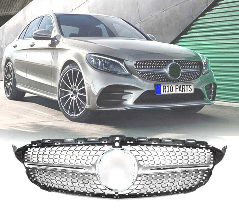 GRELHA DIANTEIRA MERCEDES W205 AMG 14-18 LOOK DIAMOND SILVER CAMERA