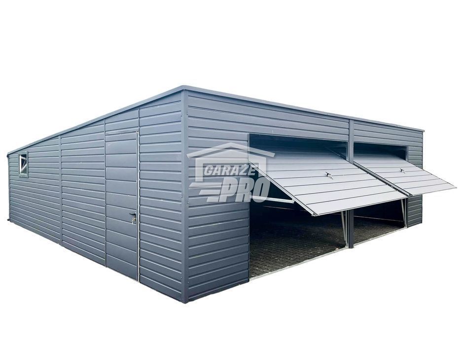Garaż blaszany 8x8  Brama uchylna x2 + okno + drzwi antracyt GP160