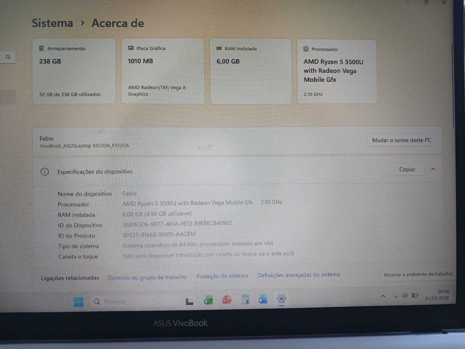 ASUS VivoBook 15,6" Ryzen 5 | 6GB RAM | 256GB SSD | Carregador + Sleeve