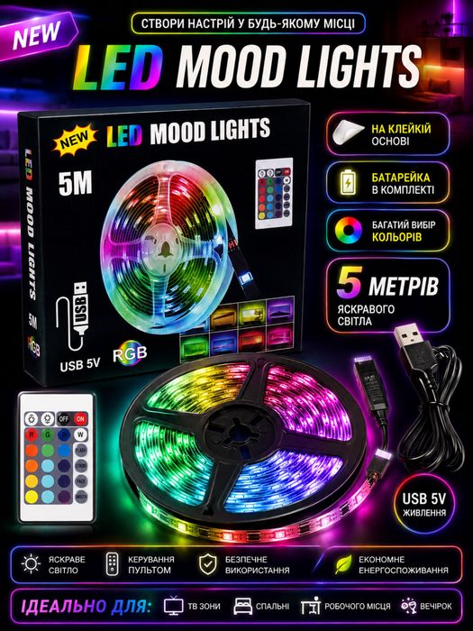 LED стрічка RGB 5м з пультом USB | Підсвітка кімнати
