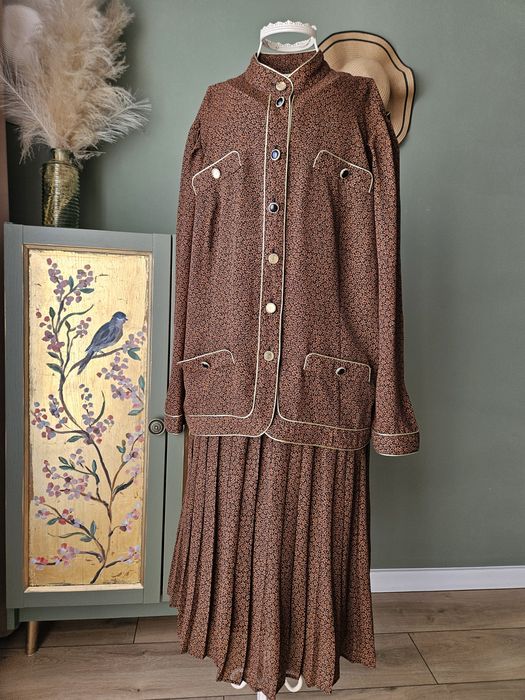 Vintage Set Elegancki komplet damski (Koszula + Spódnica) XL brązowy