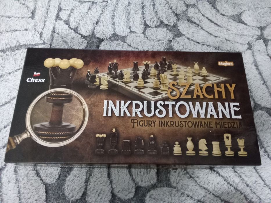 Szachy inkrustowane miedzią, drewniane, stan idealny, nowy