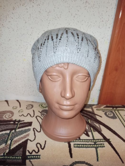 Жіноча шапка-біні, сіра, подвійна, демісезон