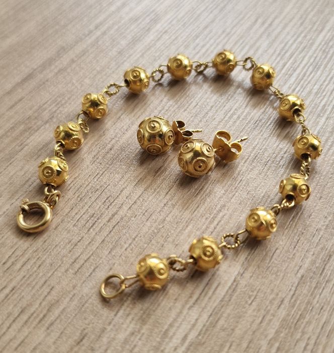 Pulseira e Brincos Ouro - Bolas de Viana - 19.2k
