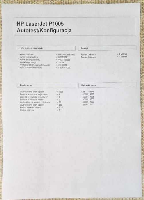 Drukarka laserowa HP P1005 - nowy toner, nowe kable, tylko 1 338 str