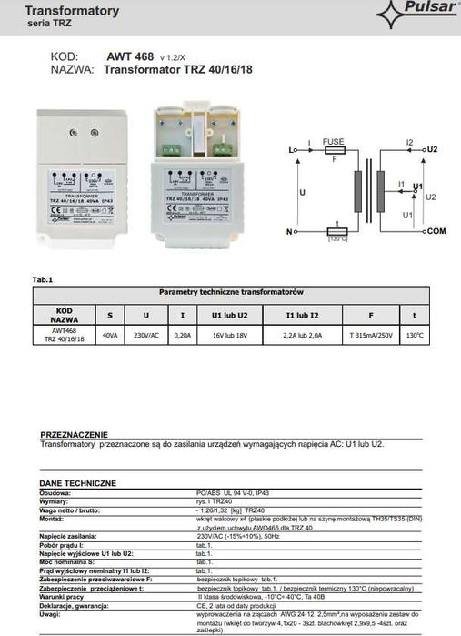 PULSAR Transformator TRZ 40VA/16V/18V