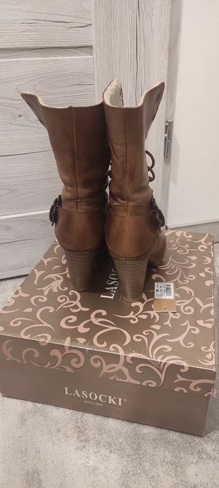 Buty Lasocki botki kozaki 37 skóra brązowe brąz wiązane obcas na obcas
