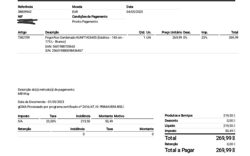 Frigorífico com Congelador Kunft à Venda – Ainda com Garantia