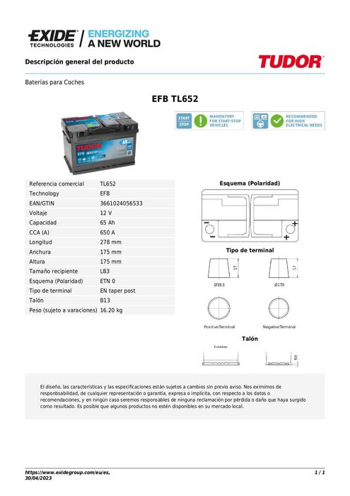 Bateria Tudor Exide 65Ah