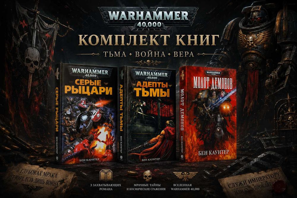Комплект из 3 книг Полная трилогия Серые Рыцари  Warhammer 40,000 Бен Каунтер Коллекционный комплект Black Library для настоящего фаната