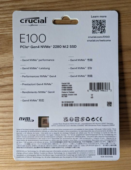 SSD диск CRUCIAL E100 480GB M.2 NVMe (CT480E100SSD8)