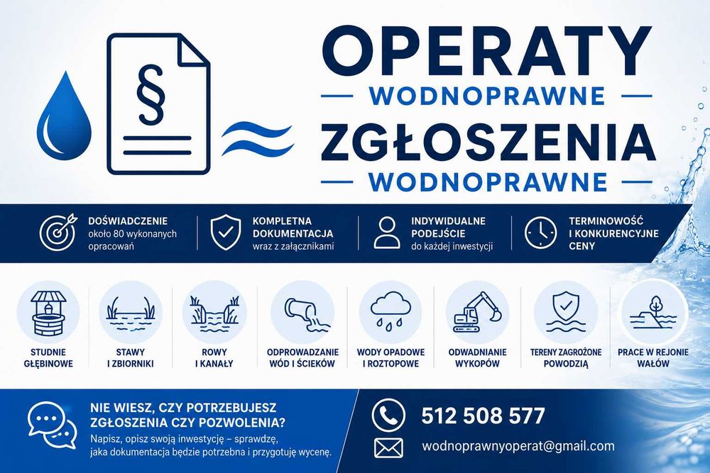 Operaty wodnoprawne i Zgłoszenia wodnoprawne / przydomowe oczyszczalnie ścieków / studnie / odwadnianie / pobór wód / rowy / stawy