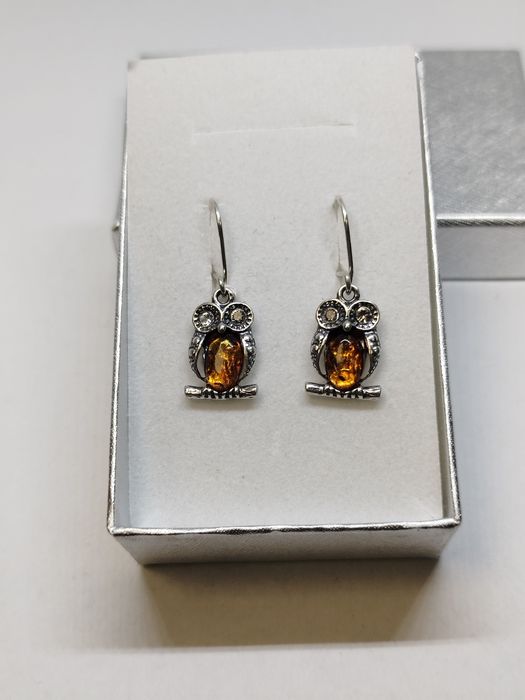 Srebrne kolczyki sowy z bursztynem srebro 925