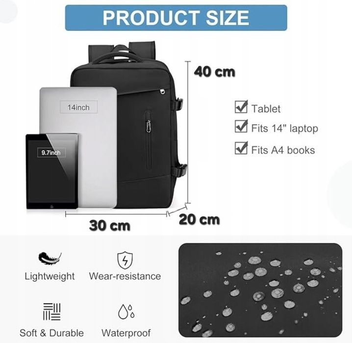 Plecak podróżny turystyczny Bagaż podręczny do samolotu 40x30x20czarny