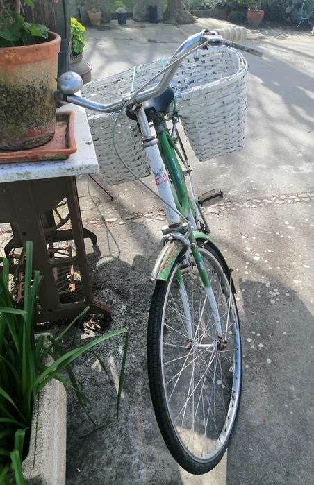Bicicleta verde com alforge antigo