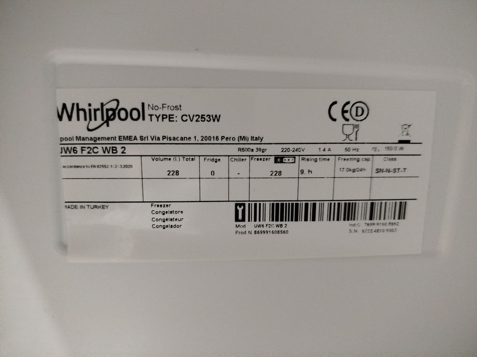 Морозильна камера фірми Whirlpool, NoFrost
