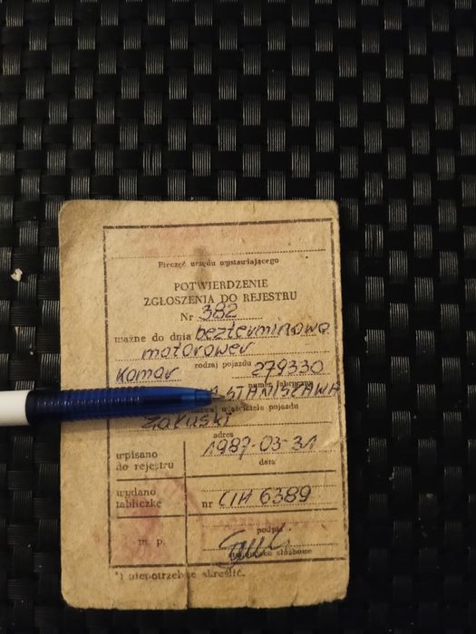 Dowód rejestracyjny . Romet komar