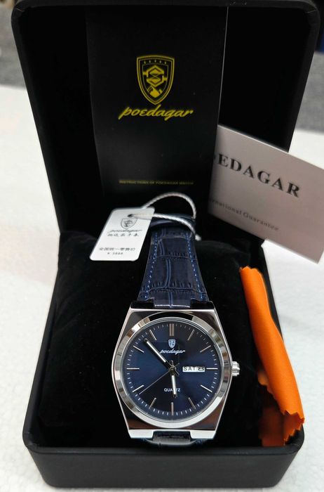 Relógio Masculino POEDAGAR – Azul – Quartz – Data e Dia – Bracelete em Pele – Novo