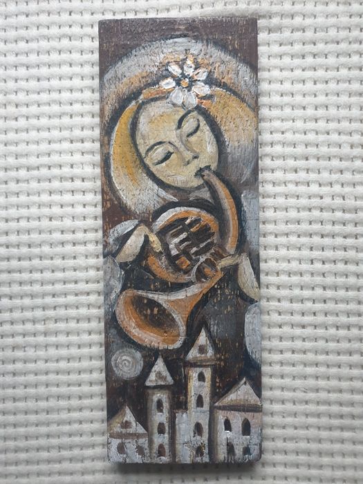 Anioł Anielska Trąbka obraz malowany na drewnie rękodzieło