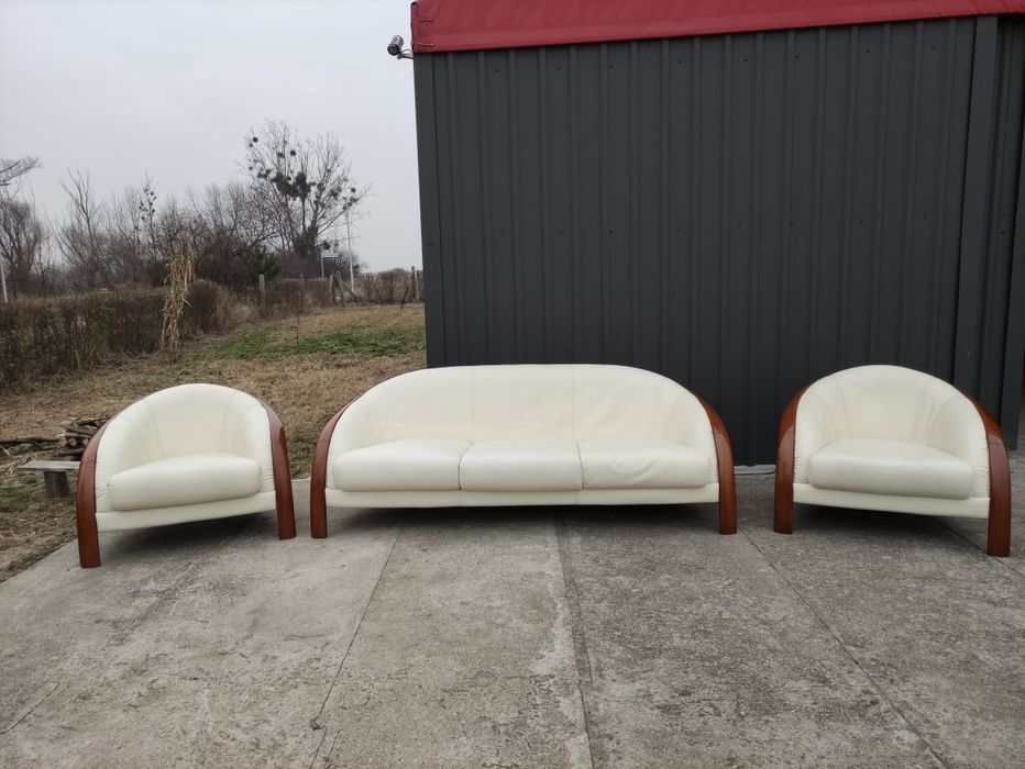 Sofa 3-osobowa+2 fotele Nieri Pininfarina-skóra naturalna+drewn!Unikat