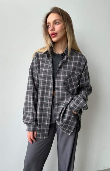 Фланель Сорочка у клітинку розмір С картата сіро рожева аналог moyami