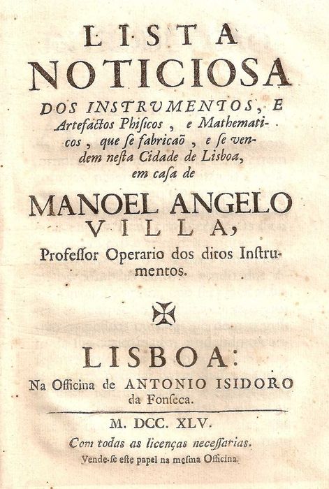 RARÍSSIMO Folheto de 1745 sobre a Fabricação e Venda de Instrumentos Científicos em Lisboa