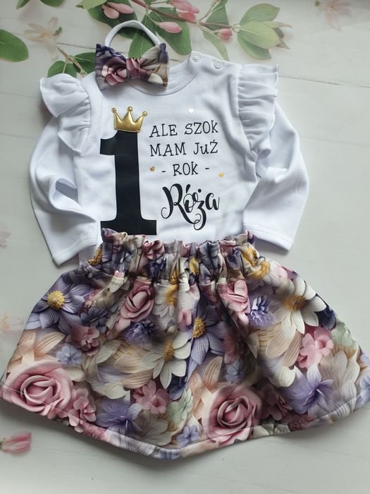 Komplet na roczek dla dziewczynki 74 kwiaty handmade