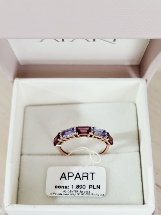Pierścionek APART diamenty tanzanit  rodolit różowy złoto  próba 585
