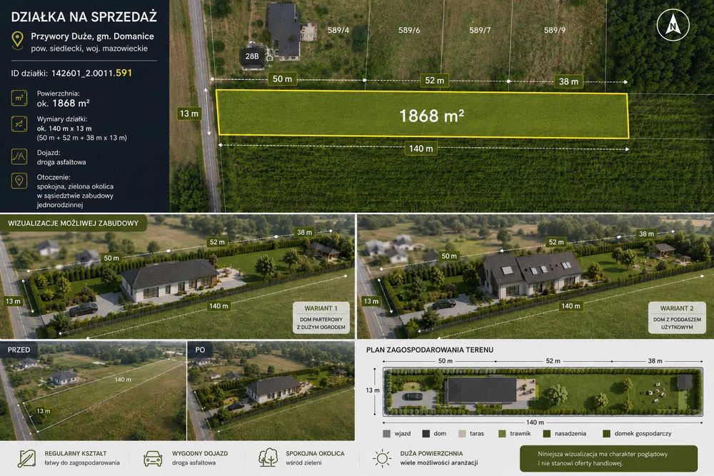 OKAZJA 1868 m2!!! Sprzedam działkę budowlaną 1862m2