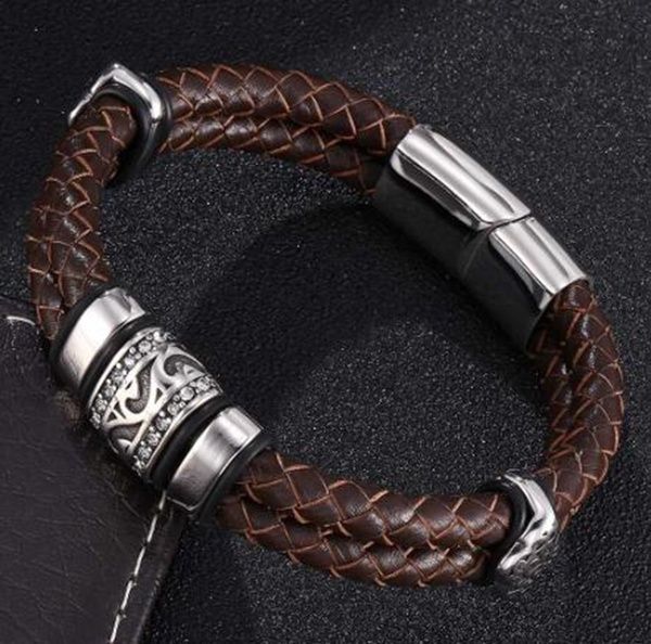 Pulseira de Couro Trançado duplo de aço inoxidável